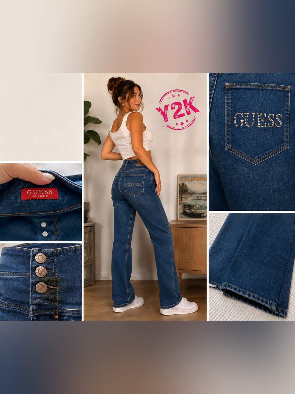 GUESS Women's Y2K Rhinestone Logo High Rise Jeans 3 Button Stretch Denim